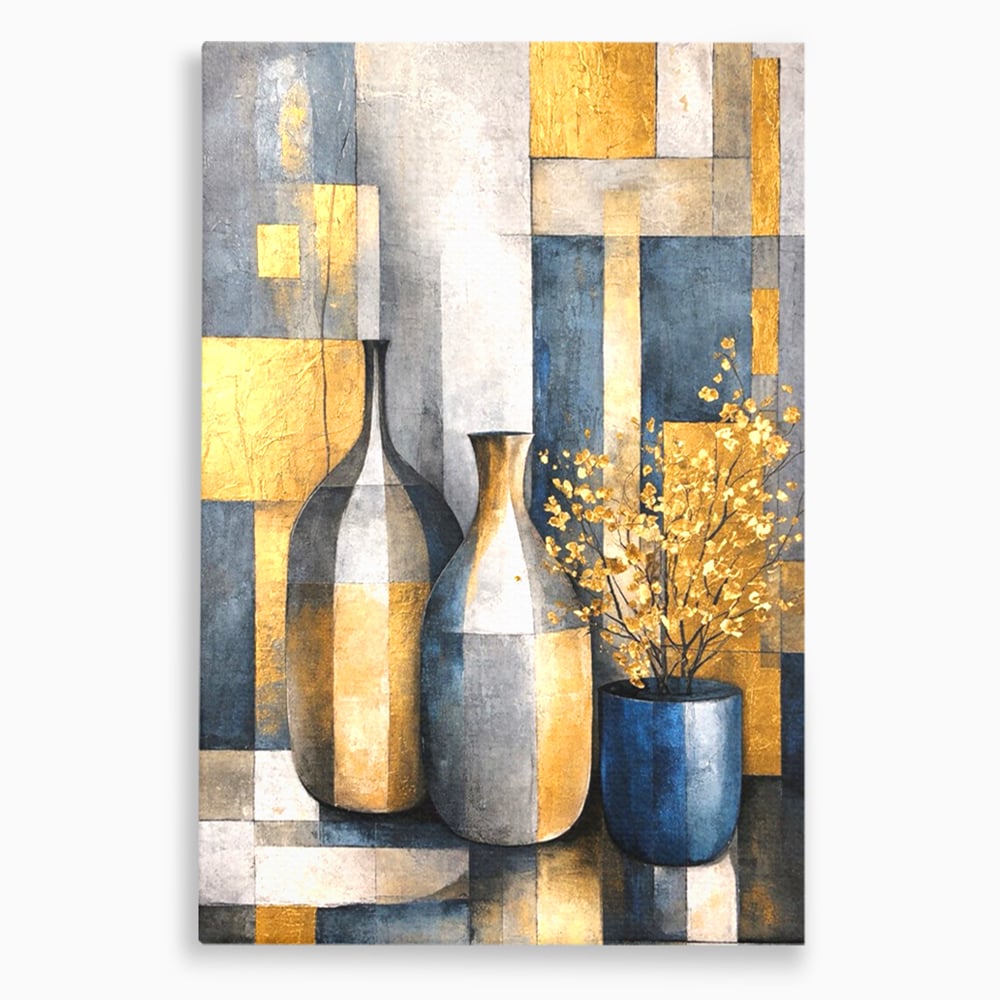 Tablou canvas cu pictura abstracta cu vaze si flori aurite, fara rama, pe sasiu de lemn