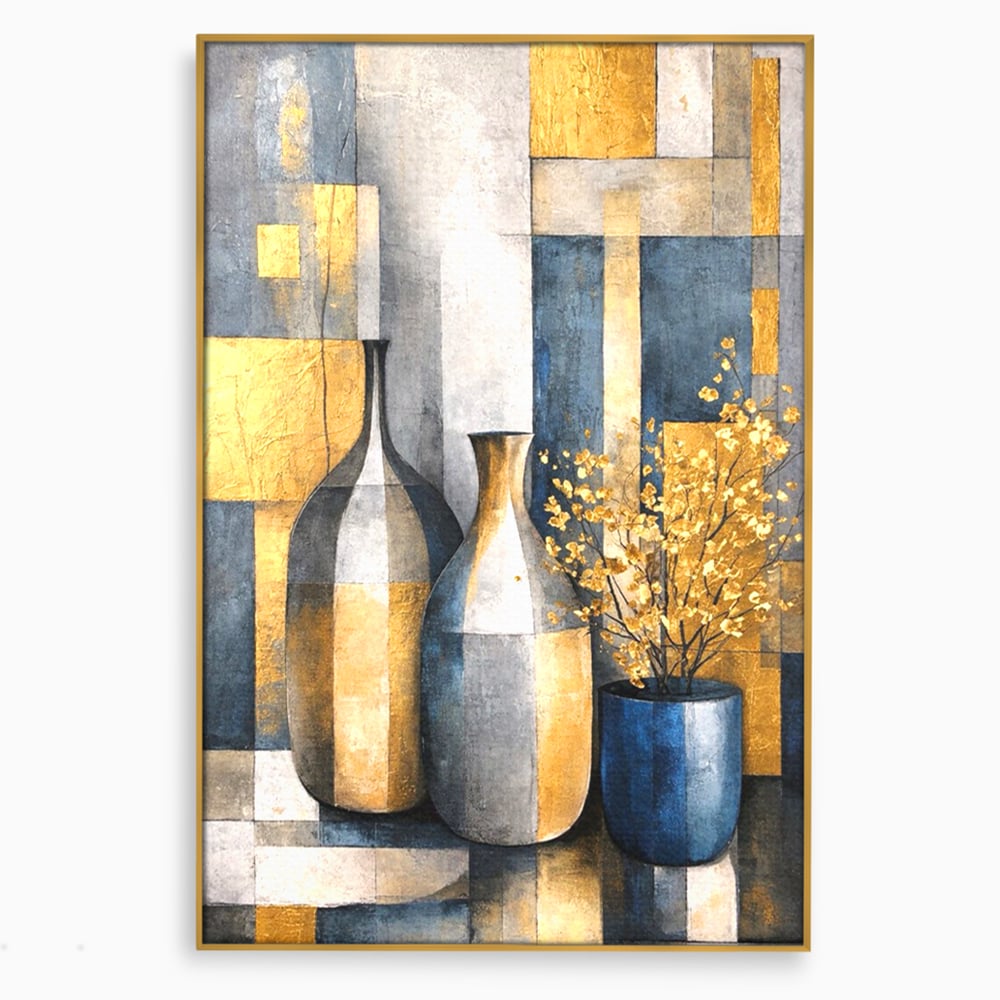 Tablou canvas cu pictura abstracta cu vaze si flori aurite, in rama de aluminiu auriu
