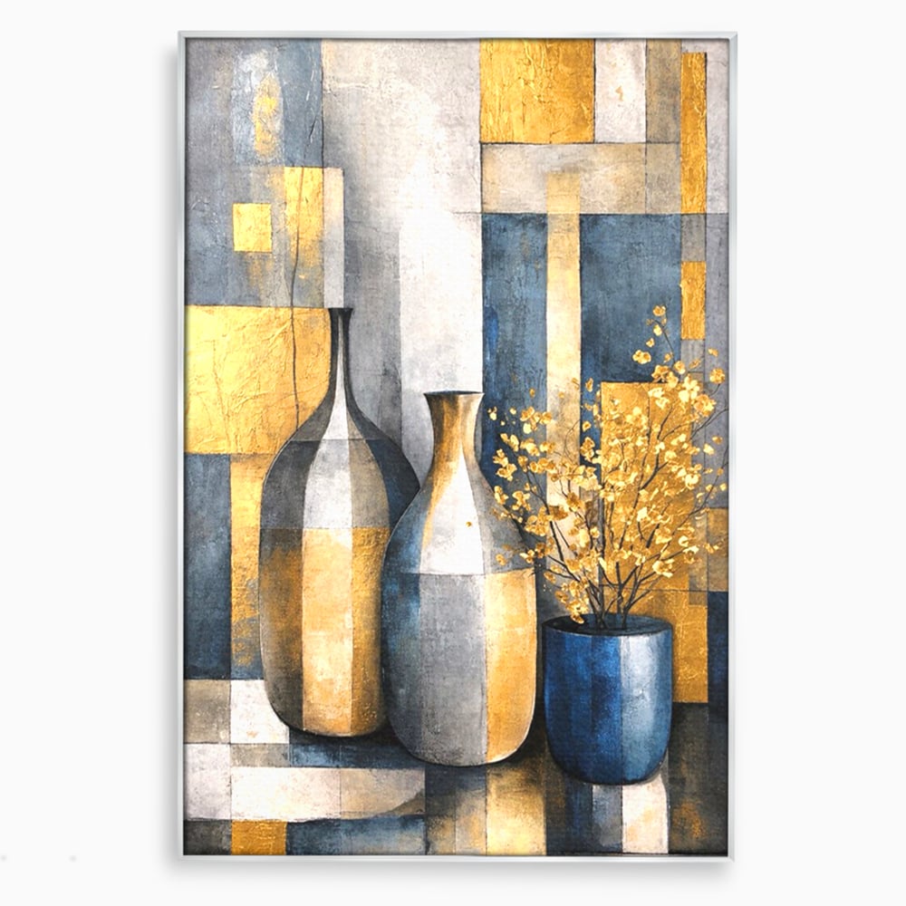 Tablou canvas cu pictura abstracta cu vaze si flori aurite, in rama de aluminiu argintiu