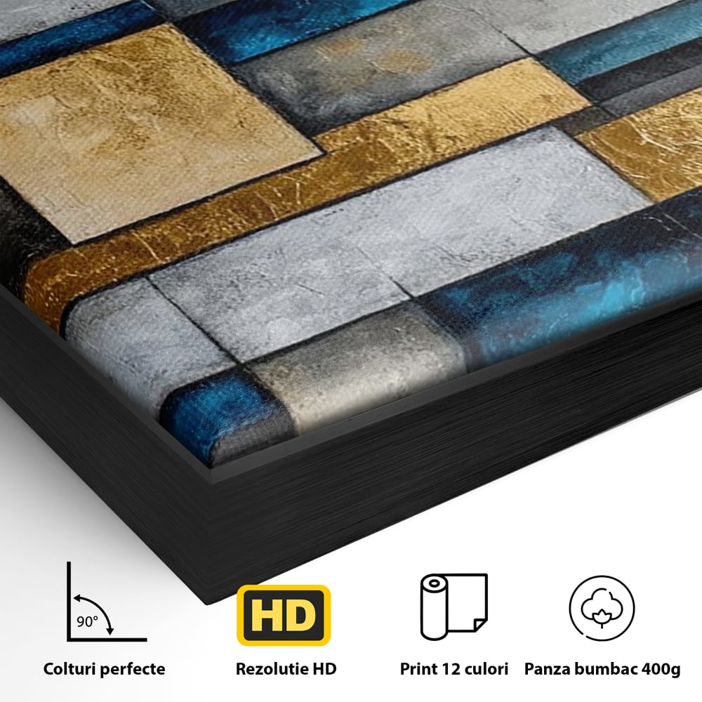 Detaliu al suprafetei: pictura abstracta cu forme geometrice aurii, in rama de aluminiu negru