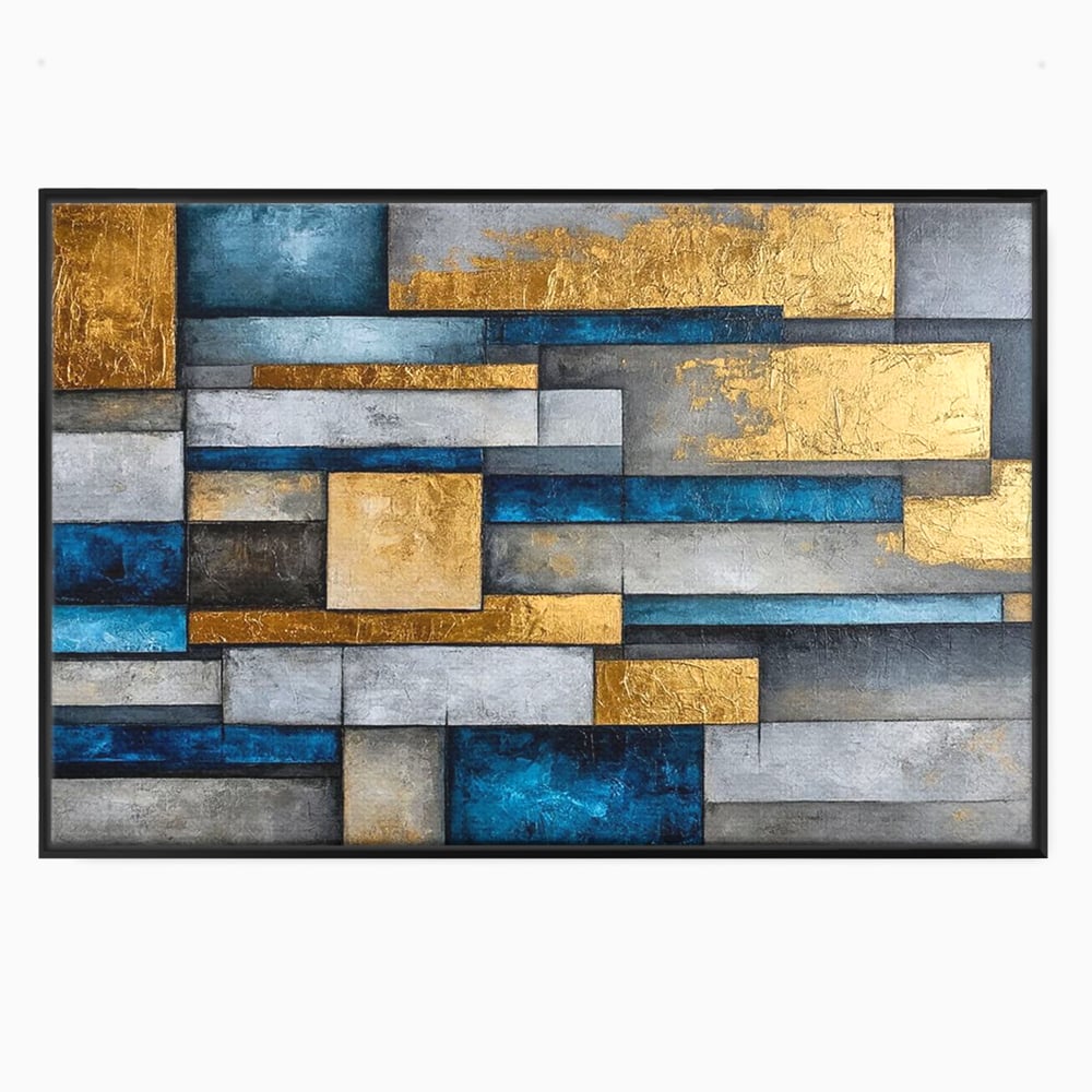 Tablou canvas cu pictura abstracta cu forme geometrice aurii, in rama de aluminiu negru