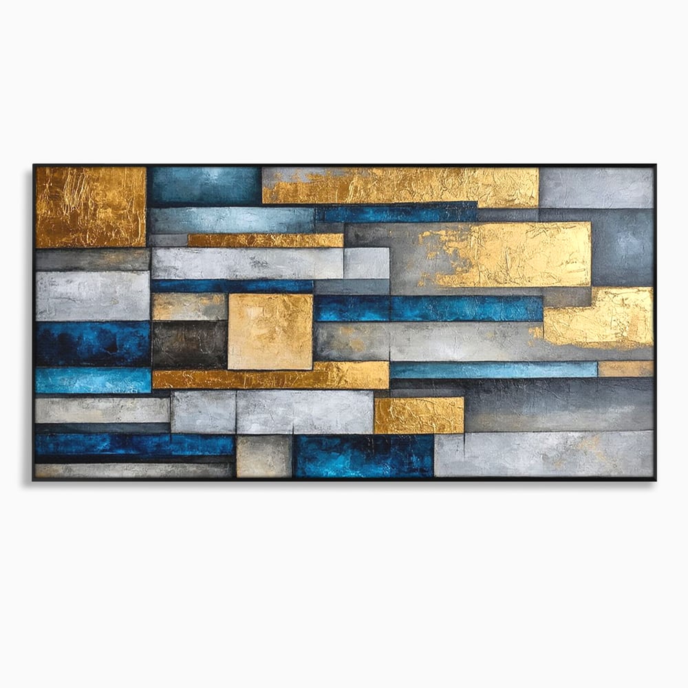 Tablou canvas cu pictura abstracta cu forme geometrice aurii, in rama de aluminiu negru
