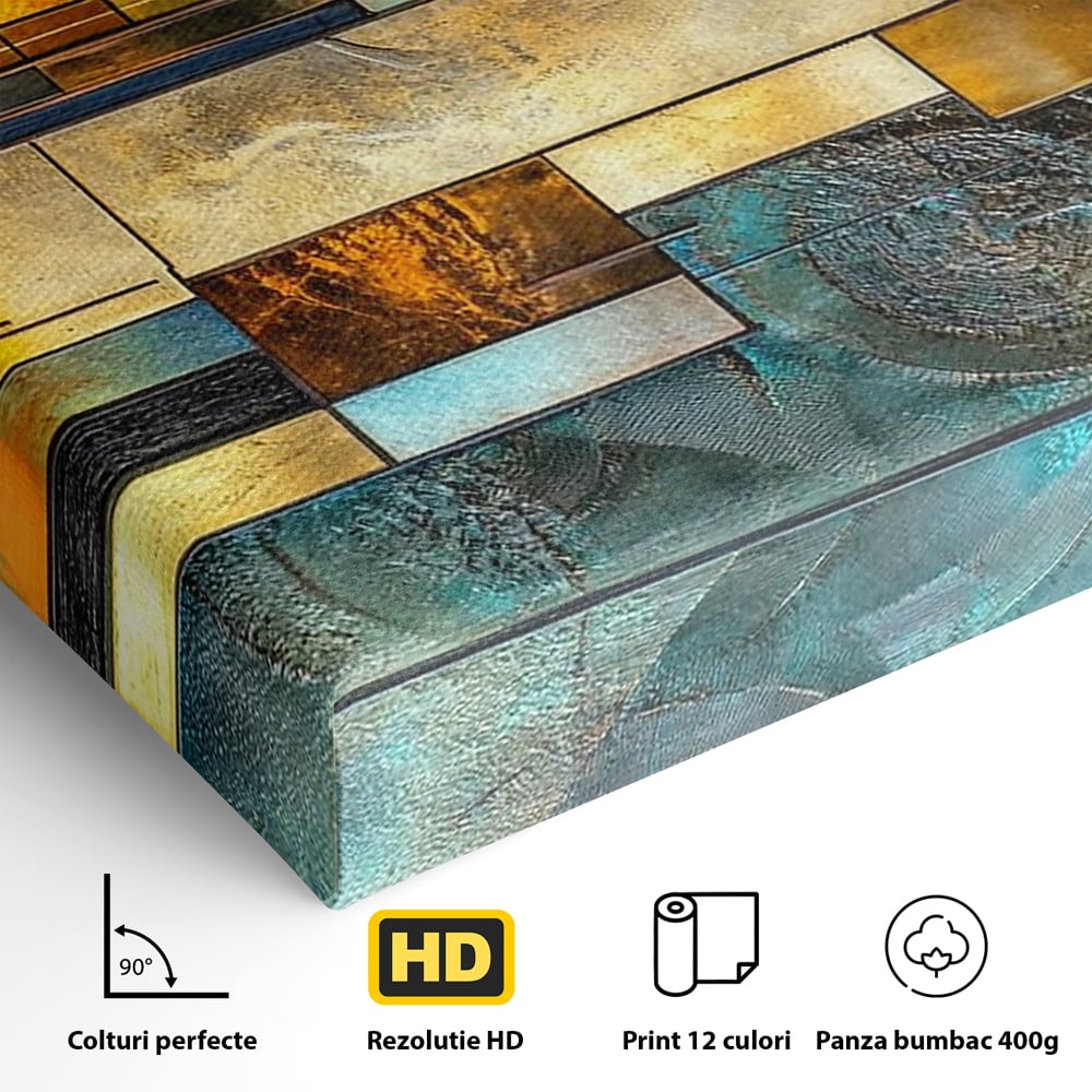 Detaliu al suprafetei: tablou abstract geometric cu texturi metalice, fara rama, pe sasiu de lemn