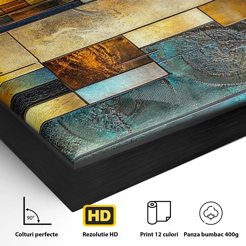Detaliu al suprafetei: tablou abstract geometric cu texturi metalice, in rama de aluminiu negru