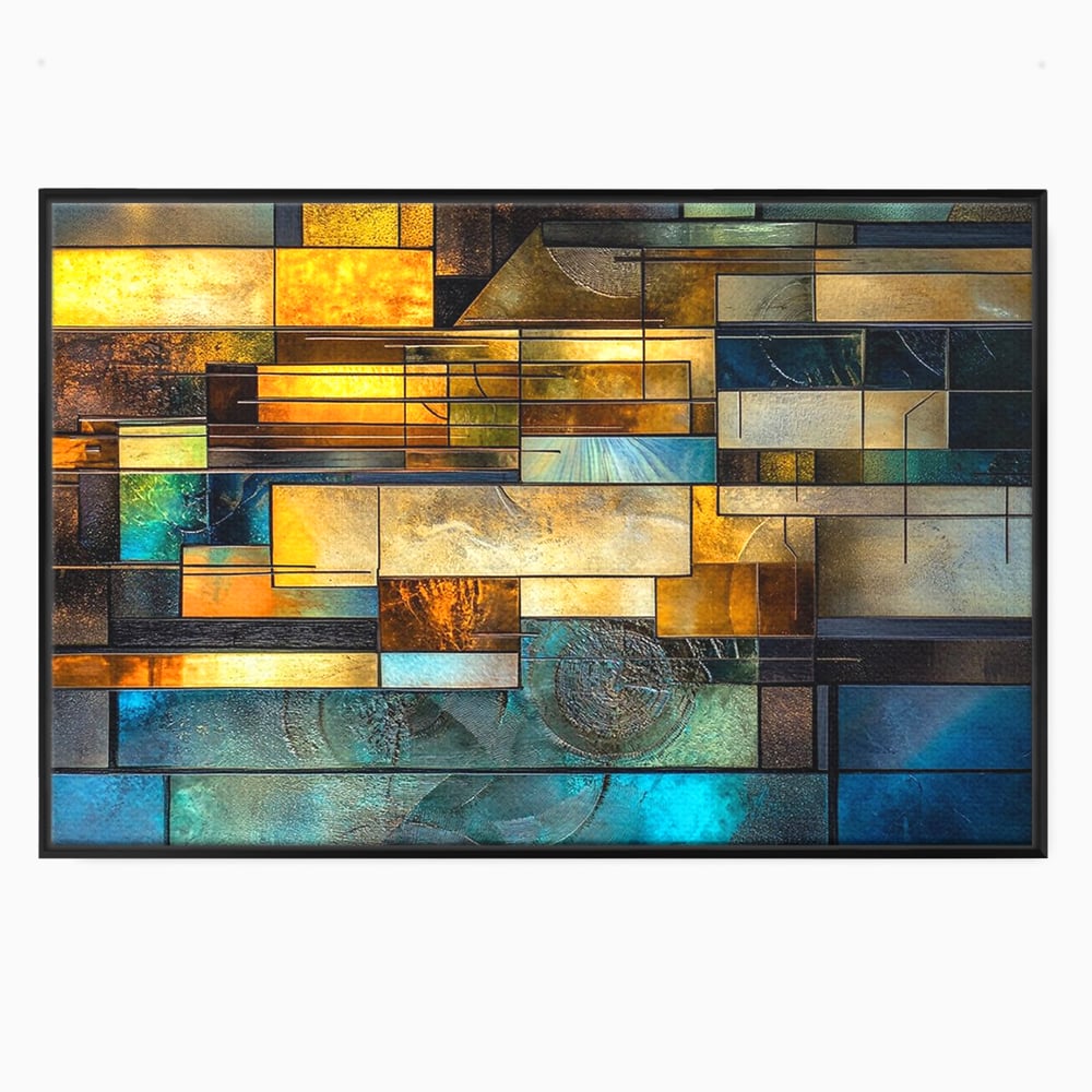 Tablou canvas cu tablou abstract geometric cu texturi metalice, in rama de aluminiu negru
