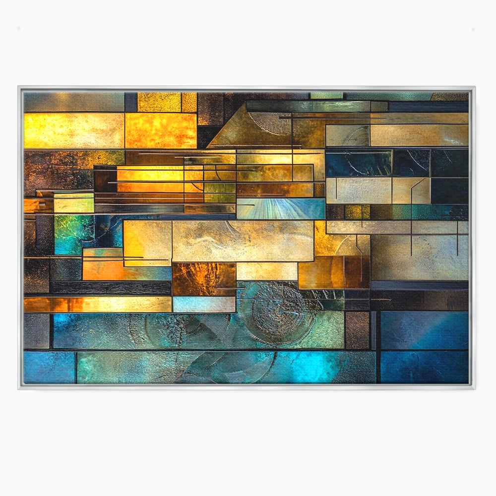 Tablou canvas cu tablou abstract geometric cu texturi metalice, in rama de aluminiu argintiu