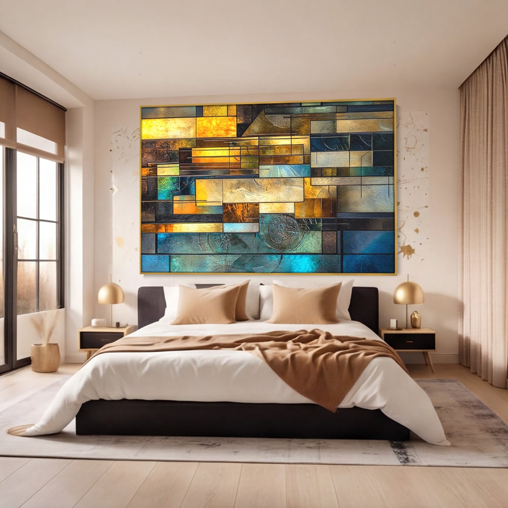 Tablou canvas cu tablou abstract geometric cu texturi metalice, in rama de aluminiu auriu, pe perete intr-un dormitor