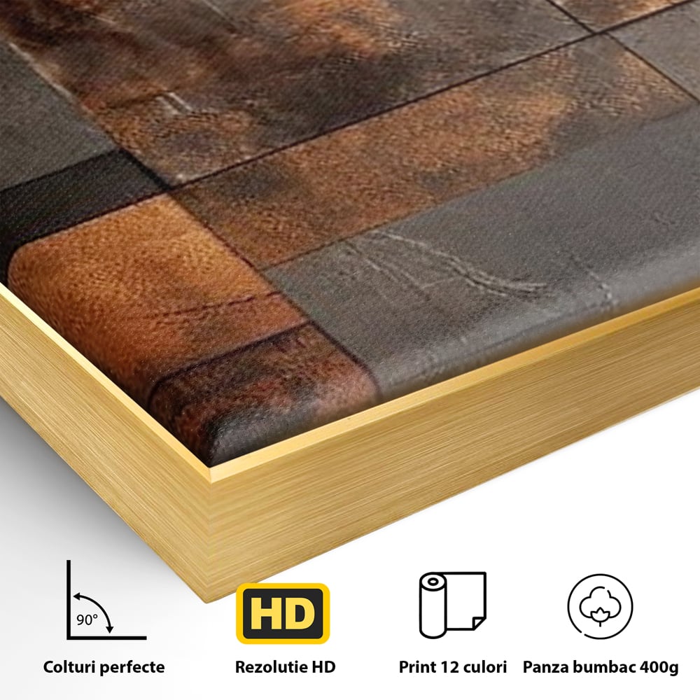 Detaliu al suprafetei: tablou canvas cu placi geometrice metalice, in rama de aluminiu auriu