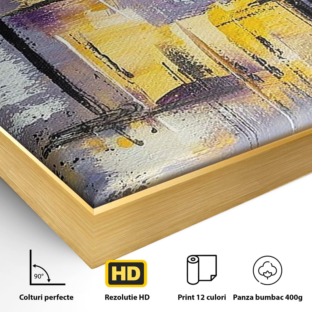 Detaliu al suprafetei: pictura abstracta cu linii si pete, in rama de aluminiu auriu