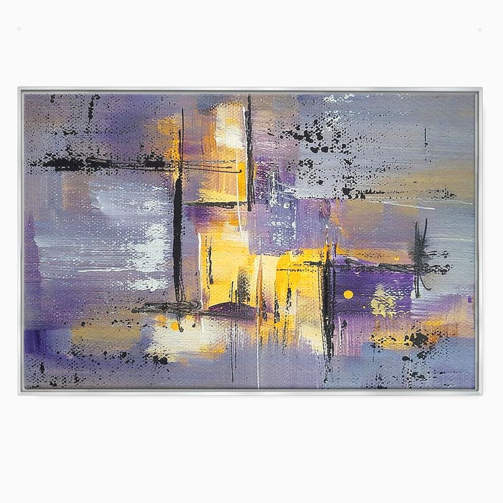 Tablou canvas cu pictura abstracta cu linii si pete, in rama de aluminiu argintiu