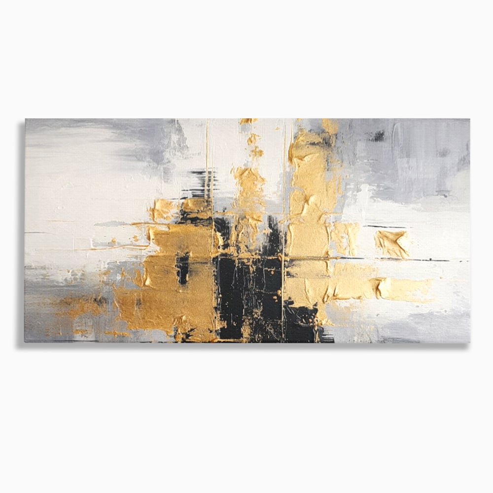 Tablou canvas cu pictura abstracta cu auriu si negru, fara rama, pe sasiu de lemn