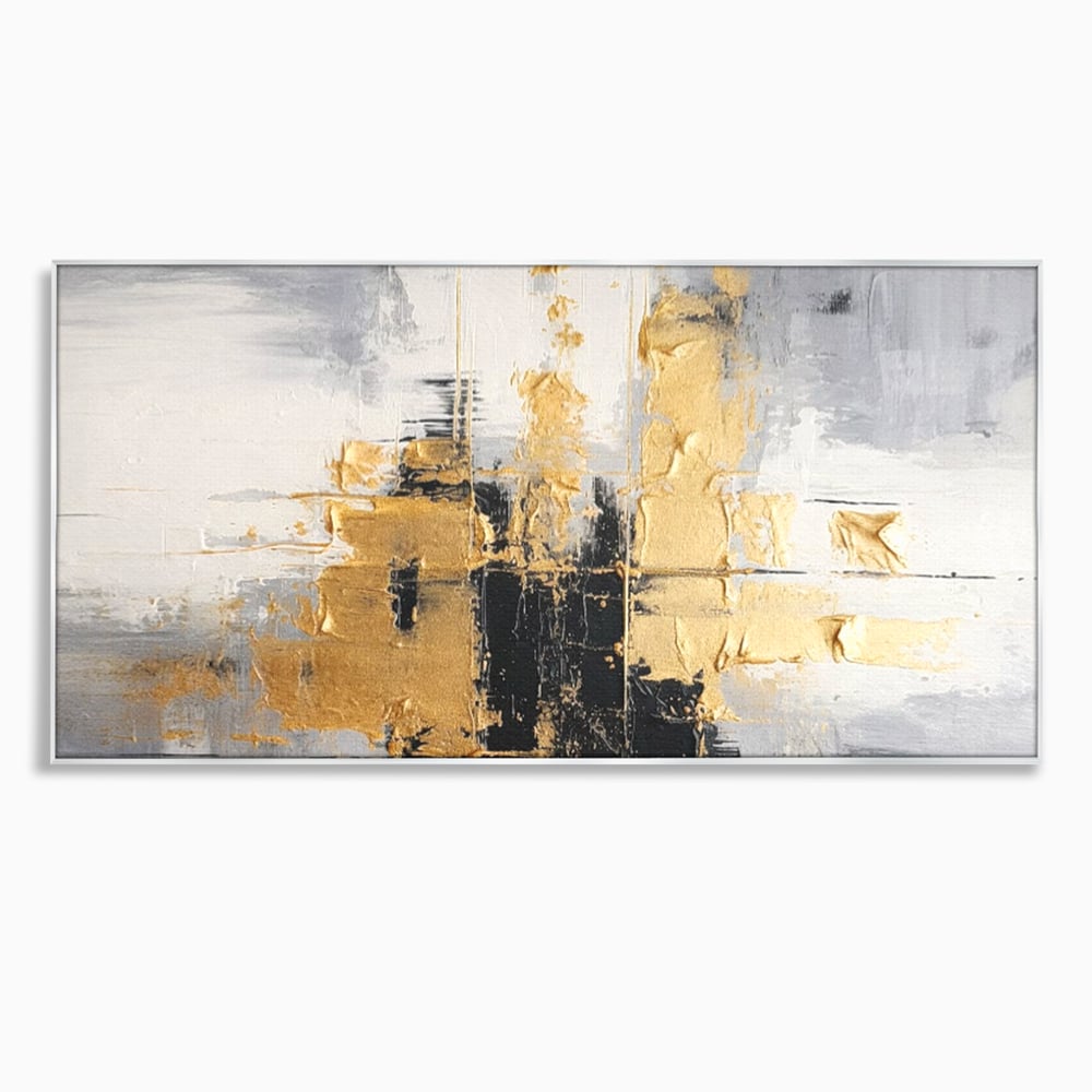 Tablou canvas cu pictura abstracta cu auriu si negru, in rama de aluminiu argintiu