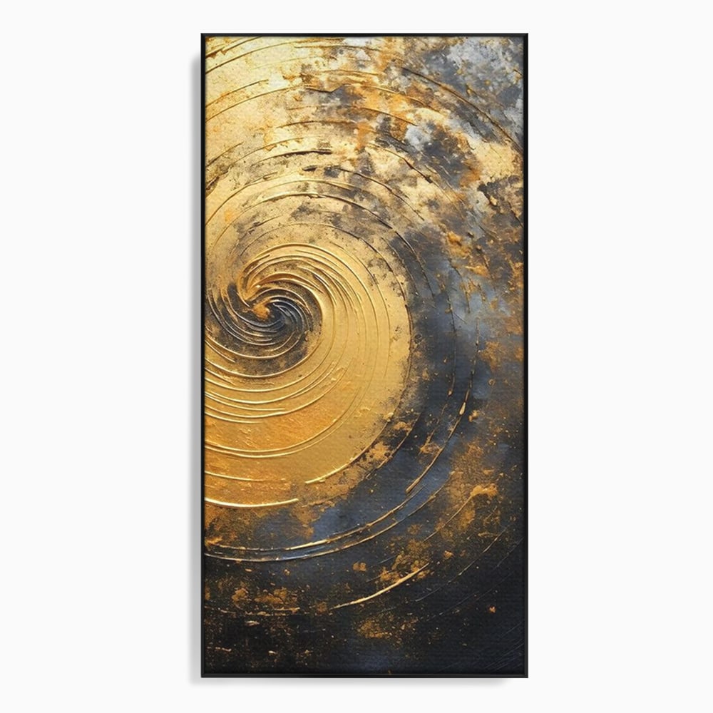 Tablou canvas cu pictura abstracta cu spirala aurie, in rama de aluminiu negru