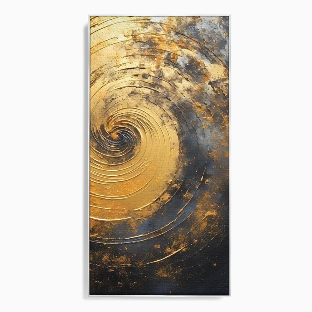 Tablou canvas cu pictura abstracta cu spirala aurie, in rama de aluminiu argintiu