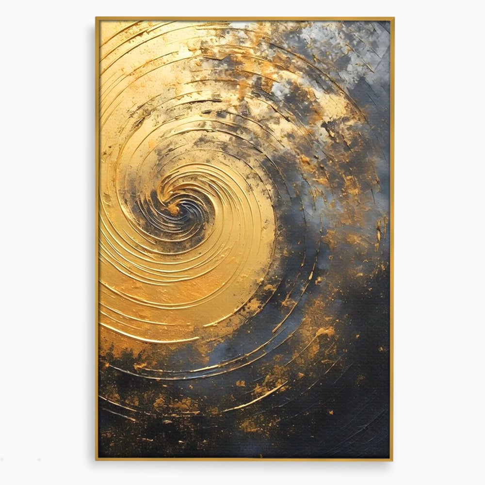 Tablou canvas cu pictura abstracta cu spirala aurie, in rama de aluminiu auriu