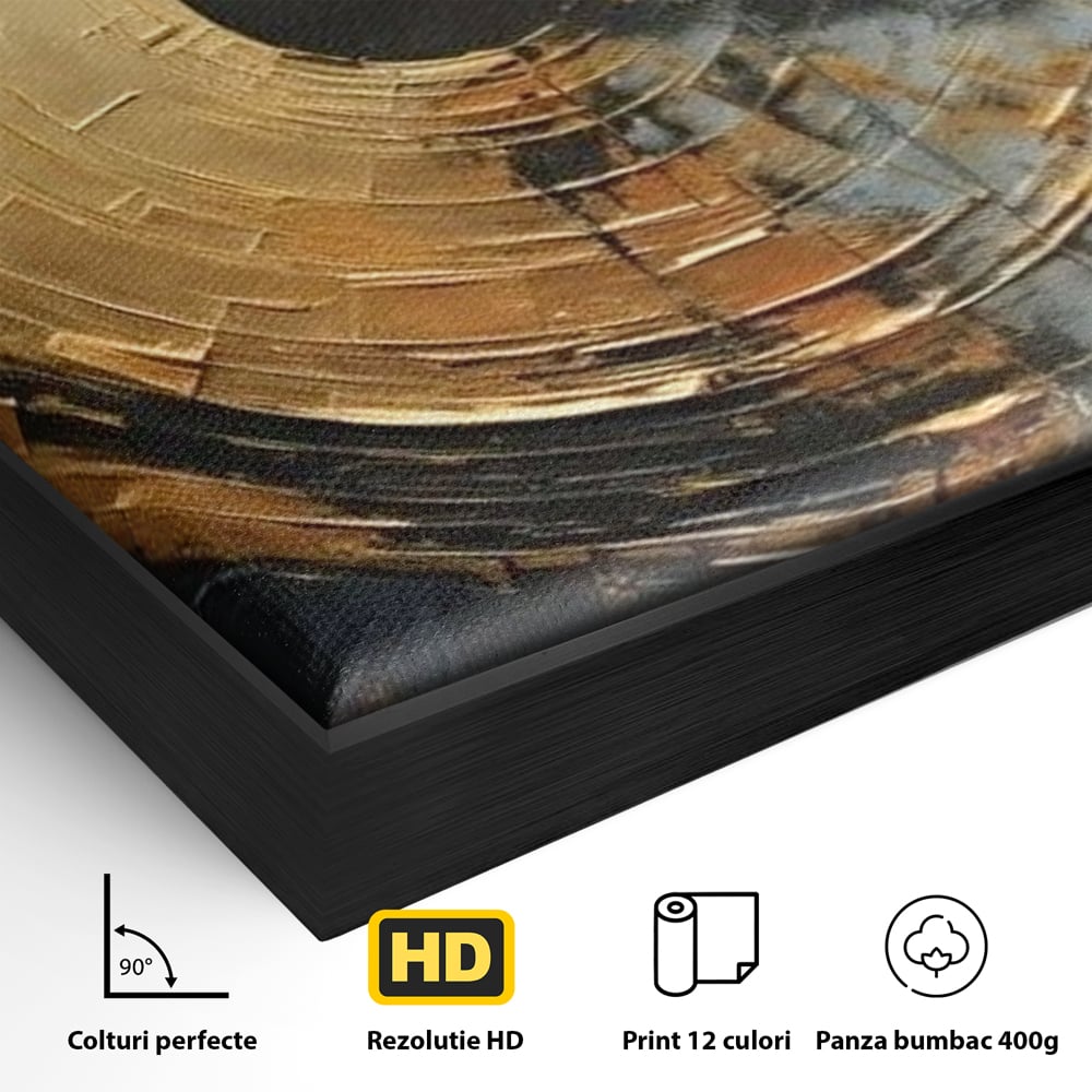 Detaliu al suprafetei: tablou abstract cu cerc auriu, in rama de aluminiu negru