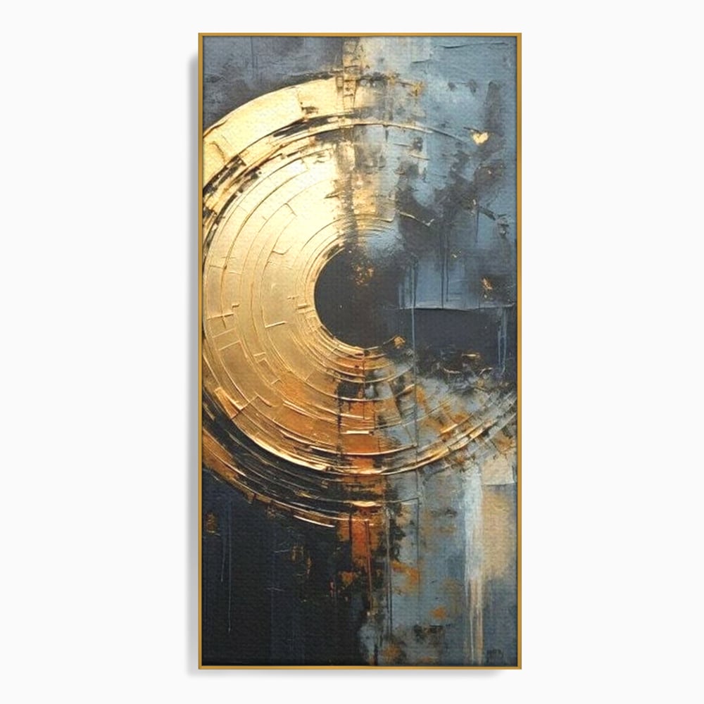 Tablou canvas cu tablou abstract cu cerc auriu, in rama de aluminiu auriu