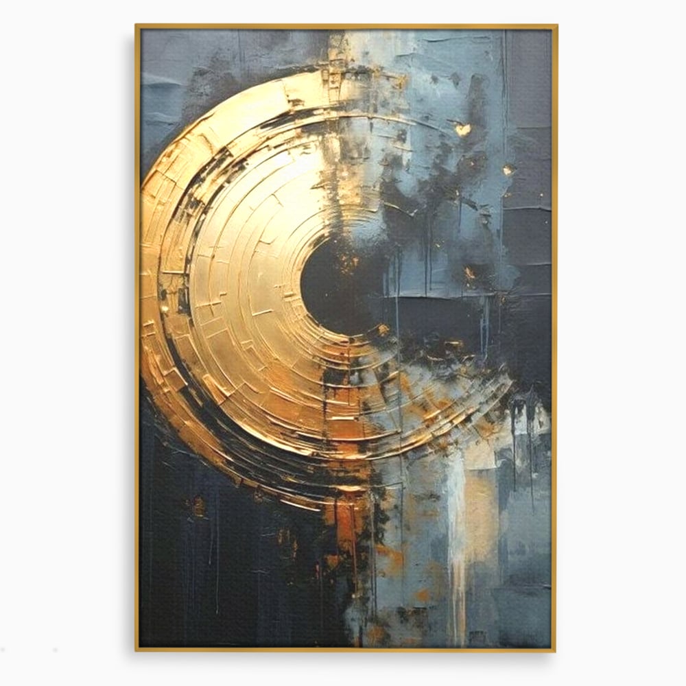 Tablou canvas cu tablou abstract cu cerc auriu, in rama de aluminiu auriu