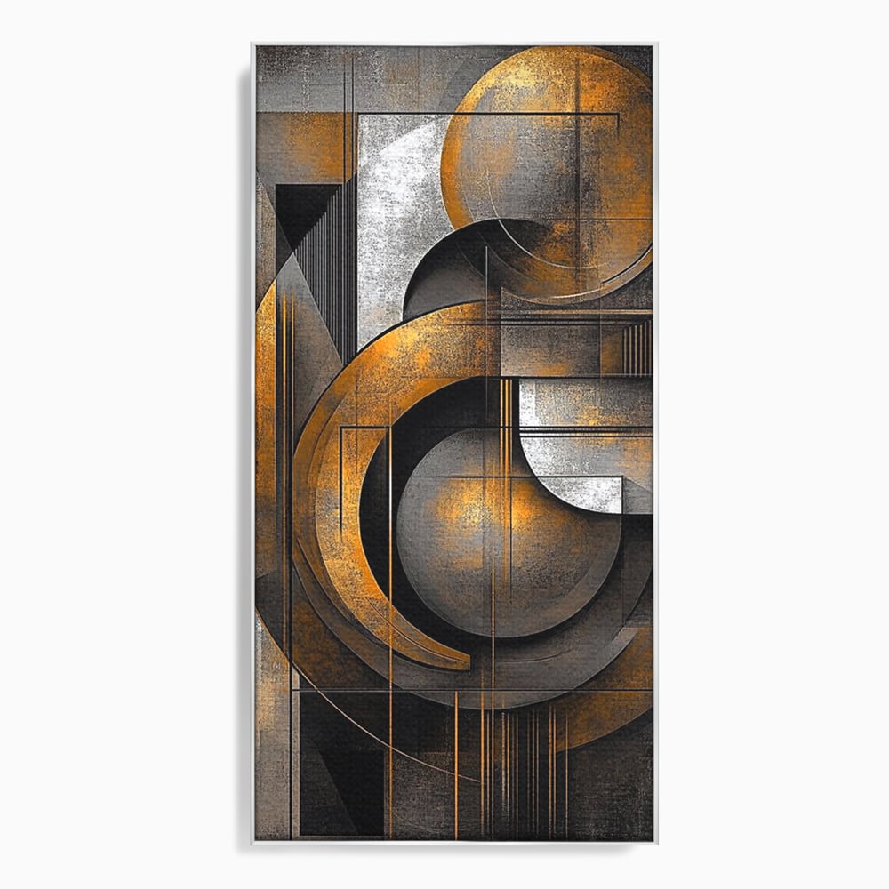 Tablou canvas cu tablou canvas geometric cu cercuri aurii si gri, in rama de aluminiu argintiu