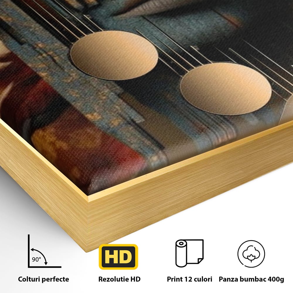 Detaliu al suprafetei: tablou canvas cu chip de femeie si oras stilizat, in rama de aluminiu auriu