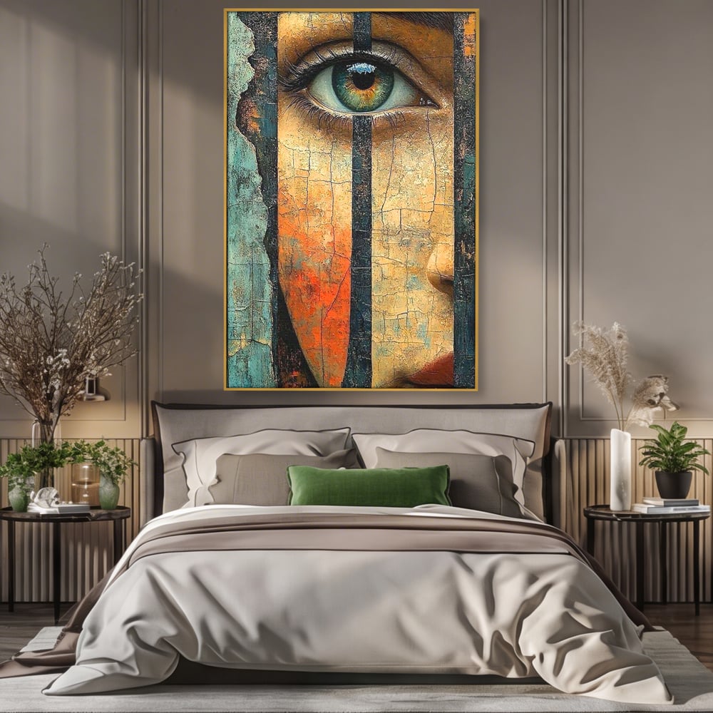 Tablou canvas cu tablou canvas cu ochi printre gratii, in rama de aluminiu auriu, pe perete intr-un dormitor