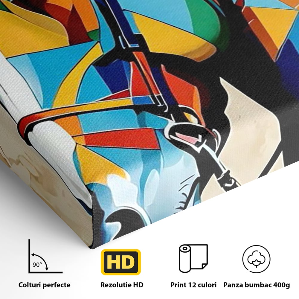 Detaliu al suprafetei: tablou canvas cu armasar geometric colorat, fara rama, pe sasiu de lemn