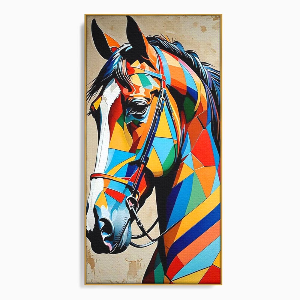 Tablou canvas cu tablou canvas cu armasar geometric colorat, in rama de aluminiu auriu