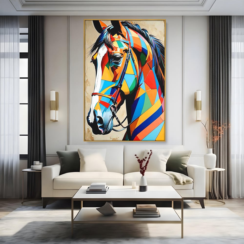 Tablou canvas cu tablou canvas cu armasar geometric colorat, in rama de aluminiu auriu, pe perete intr-un living