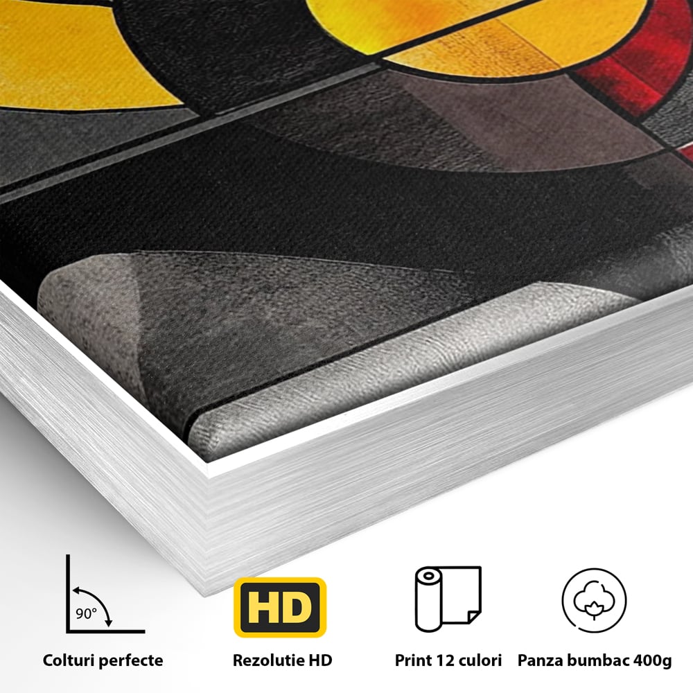 Detaliu al suprafetei: tablou canvas cu forme geometrice abstracte, in rama de aluminiu argintiu
