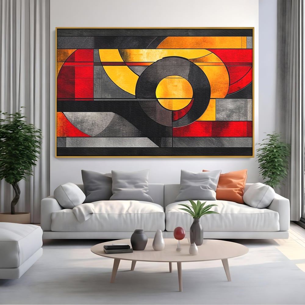 Tablou canvas cu tablou canvas cu forme geometrice abstracte, in rama de aluminiu auriu, pe perete intr-un living