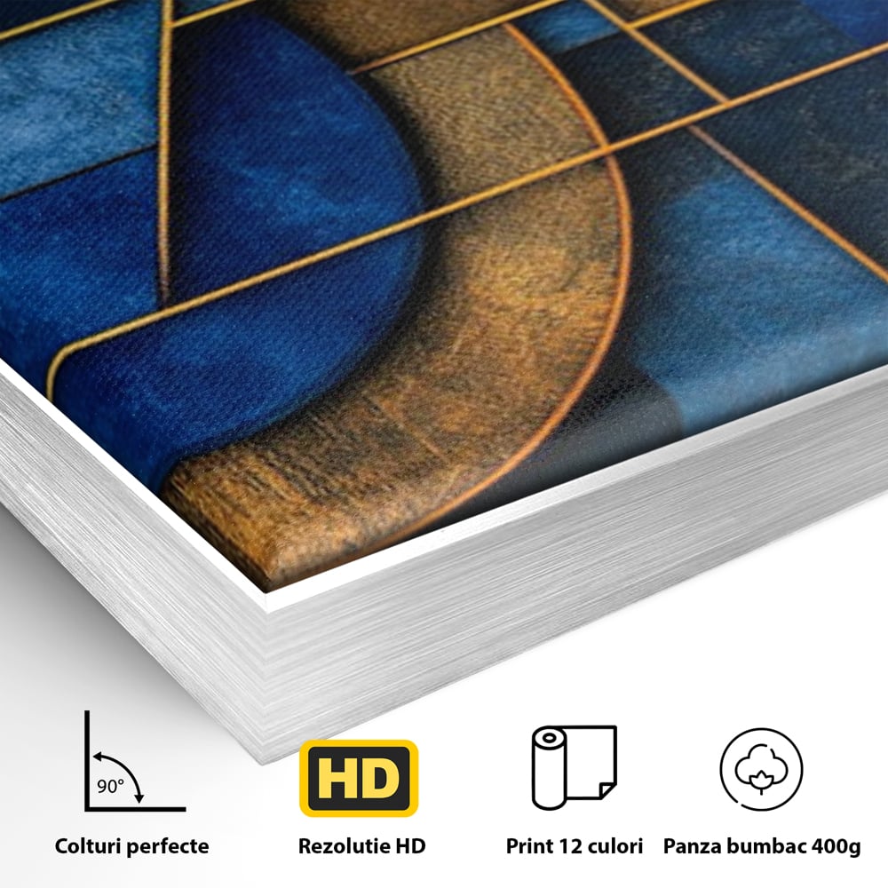 Detaliu al suprafetei: tablou canvas cu forme geometrice albastre si aurii, in rama de aluminiu argintiu