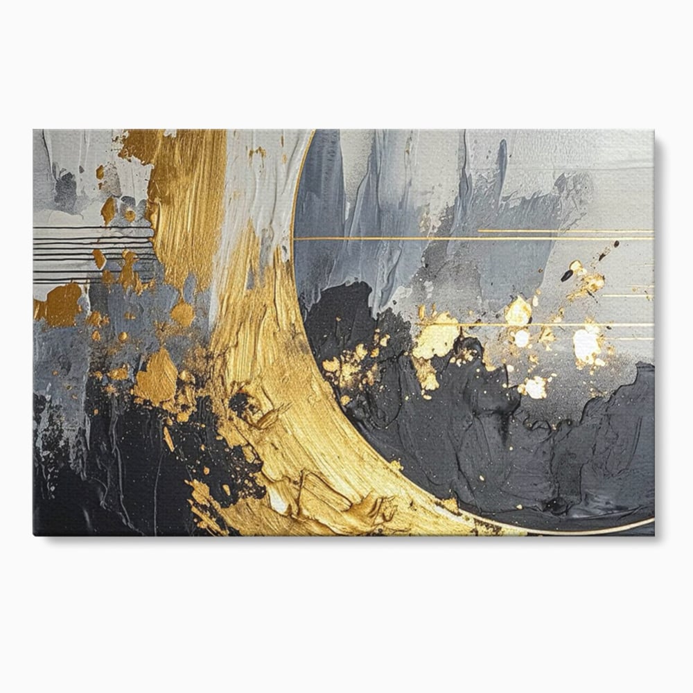Tablou canvas cu pictura abstracta cu arc aurit si texturi gri, fara rama, pe sasiu de lemn