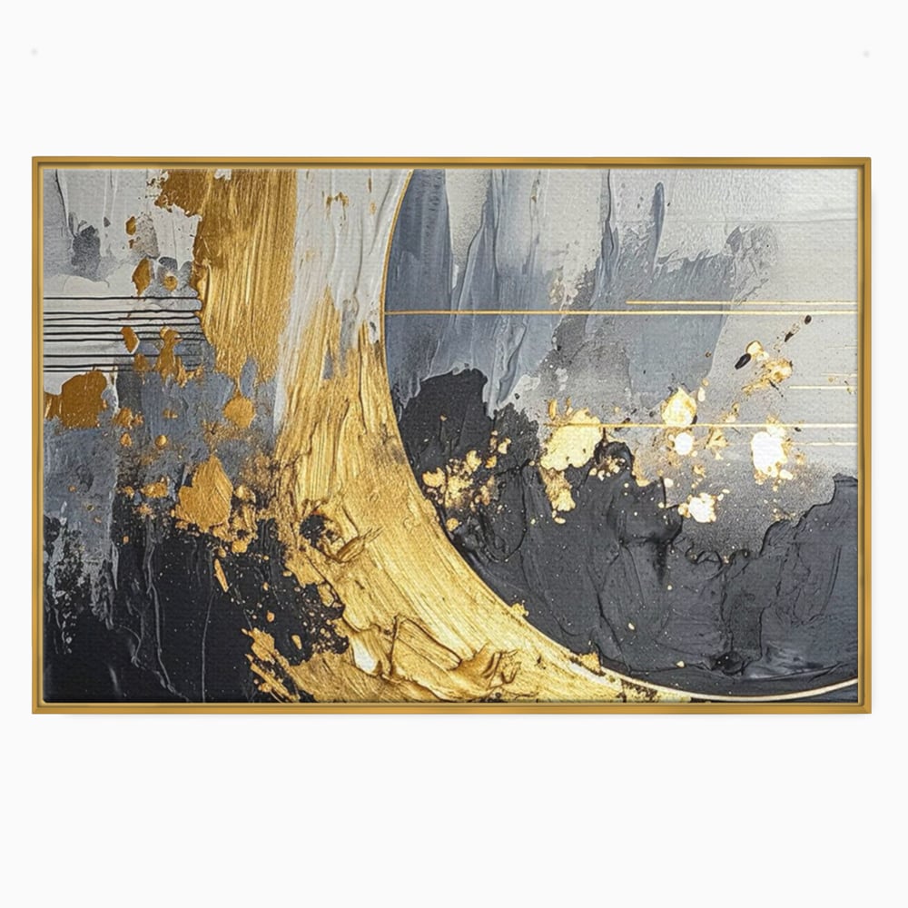 Tablou canvas cu pictura abstracta cu arc aurit si texturi gri, in rama de aluminiu auriu