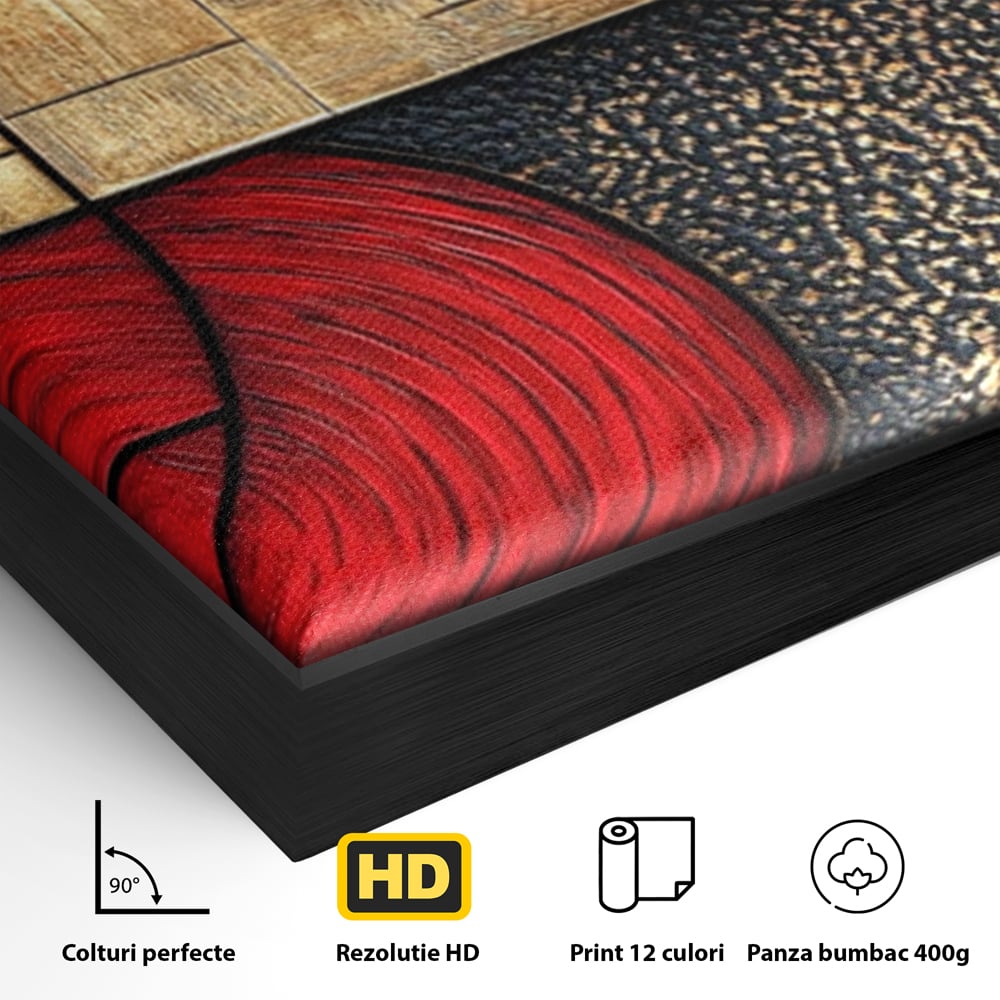 Detaliu al suprafetei: tablou canvas cu forme geometrice abstracte, in rama de aluminiu negru