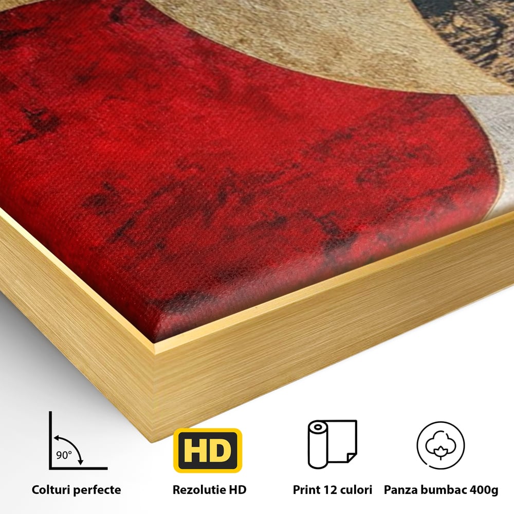 Detaliu al suprafetei: tablou canvas cu cercuri abstracte, in rama de aluminiu auriu