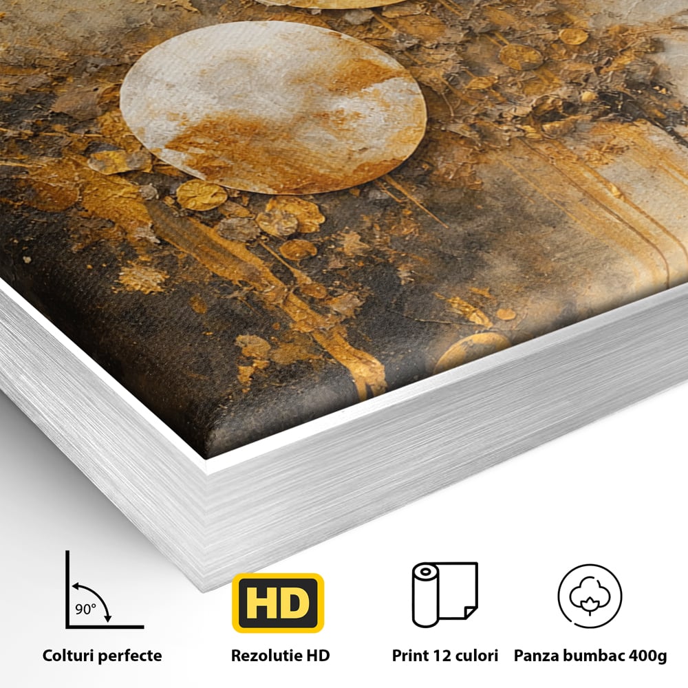 Detaliu al suprafetei: tablou canvas abstract cu cercuri aurii, in rama de aluminiu argintiu