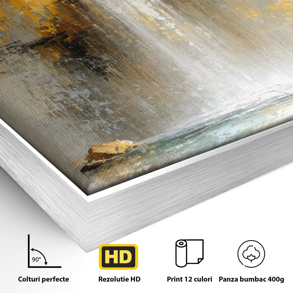 Detaliu al suprafetei: pictura abstracta cu cascada aurie, in rama de aluminiu argintiu