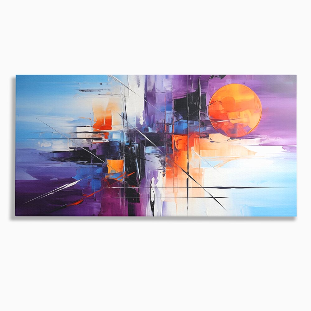 Tablou canvas cu pictura abstracta cu soare portocaliu, fara rama, pe sasiu de lemn