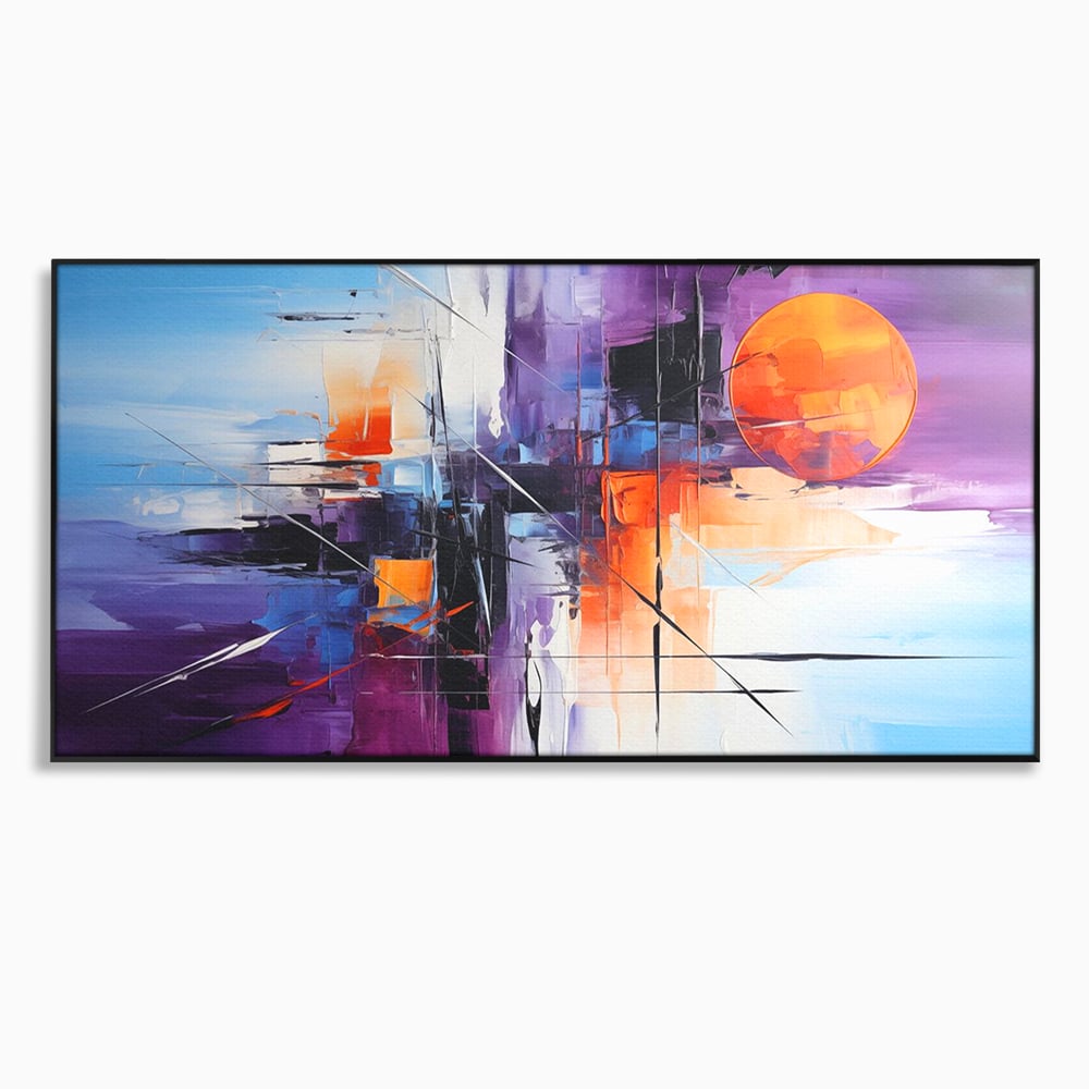 Tablou canvas cu pictura abstracta cu soare portocaliu, in rama de aluminiu negru