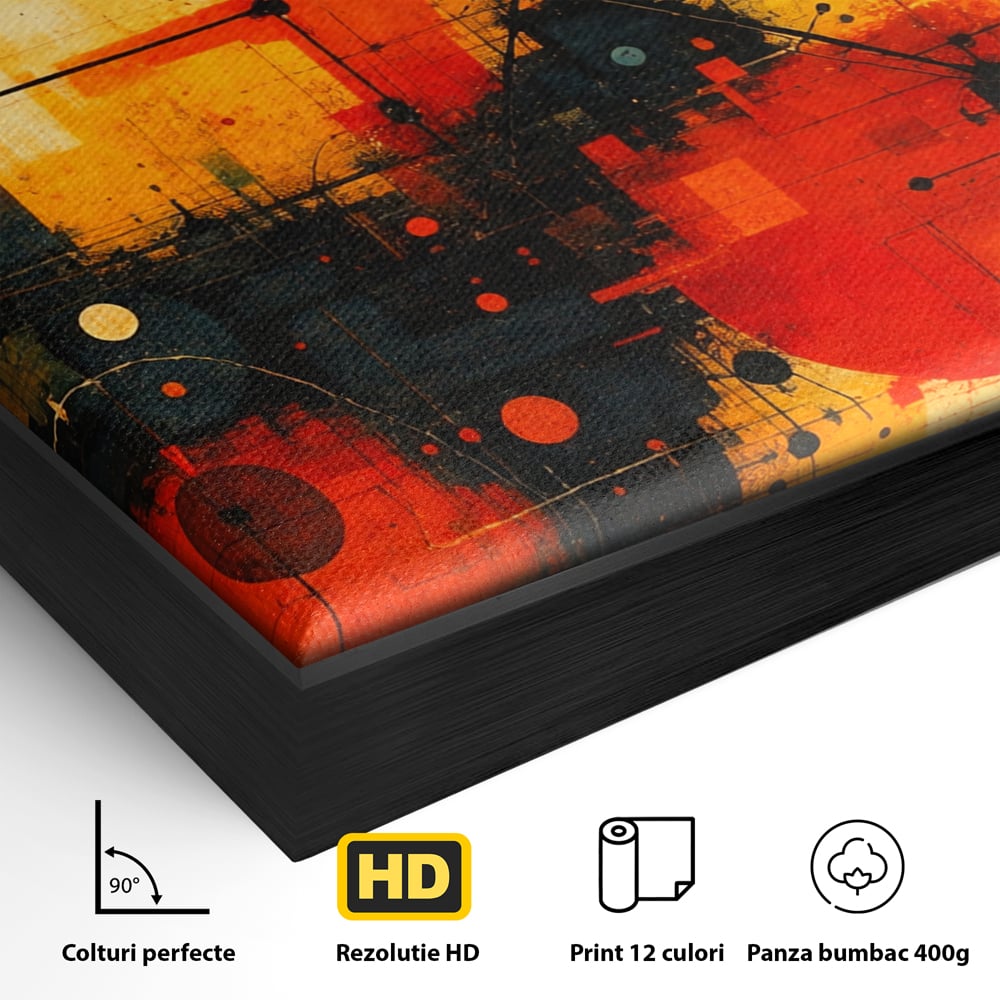 Detaliu al suprafetei: tablou canvas cu compozitie abstracta geometrica, in rama de aluminiu negru