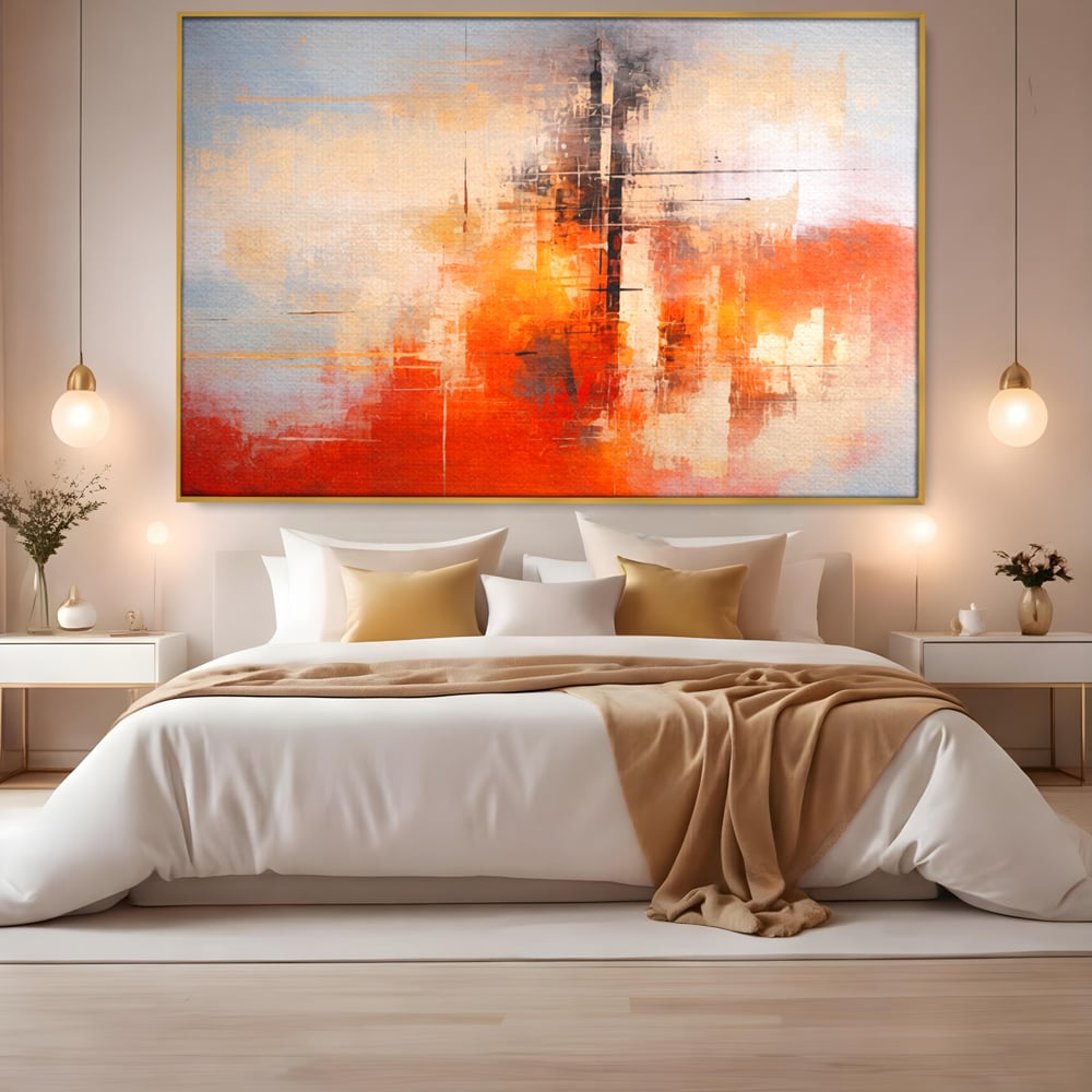 Tablou canvas cu tablou abstract cu structuri geometrice, in rama de aluminiu auriu, pe perete intr-un dormitor
