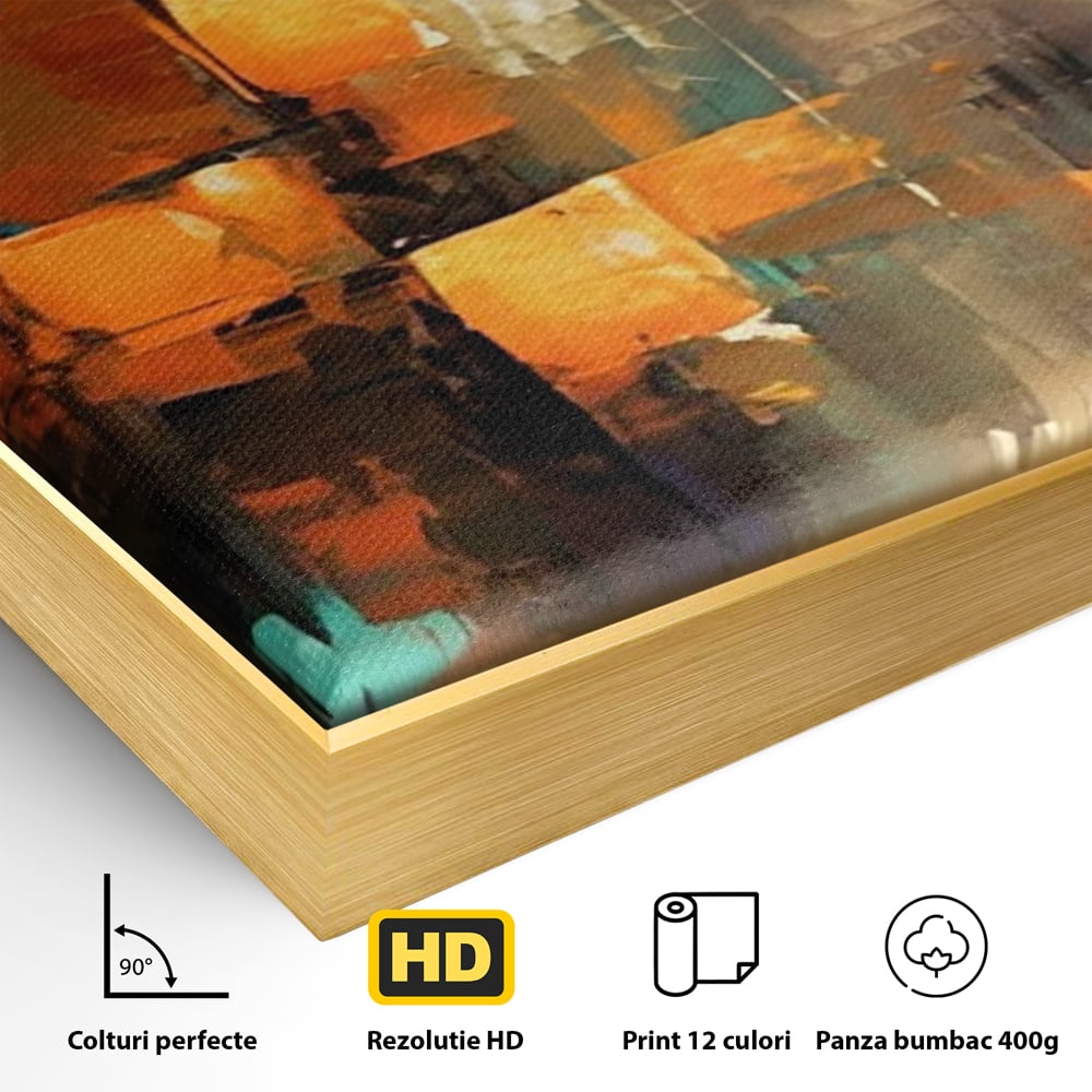 Detaliu al suprafetei: pictura abstracta cu linii verticale, in rama de aluminiu auriu