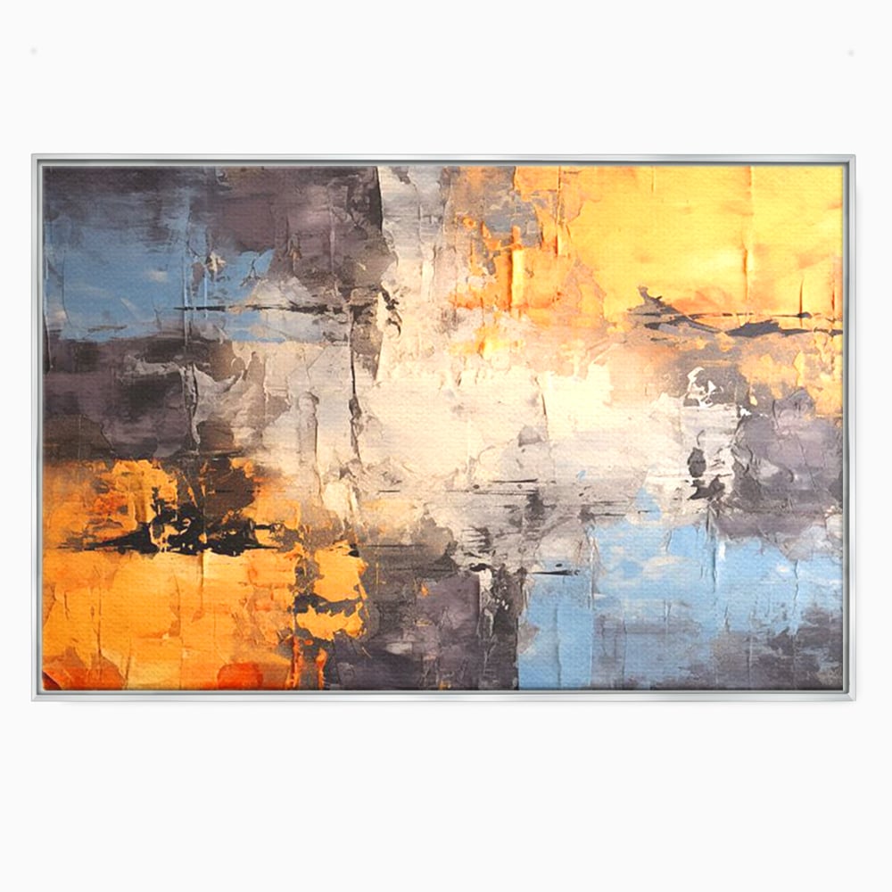 Tablou canvas cu pictura abstracta cu texturi portocalii si gri, in rama de aluminiu argintiu