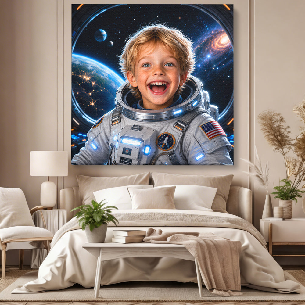 Tablou canvas cu tablou personalizat cu baiat astronaut, pe perete intr-un dormitor