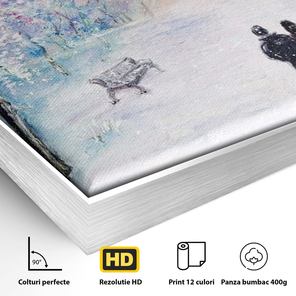Detaliu al suprafetei: tablou pictura cuplu pe zapada, in rama de aluminiu argintiu