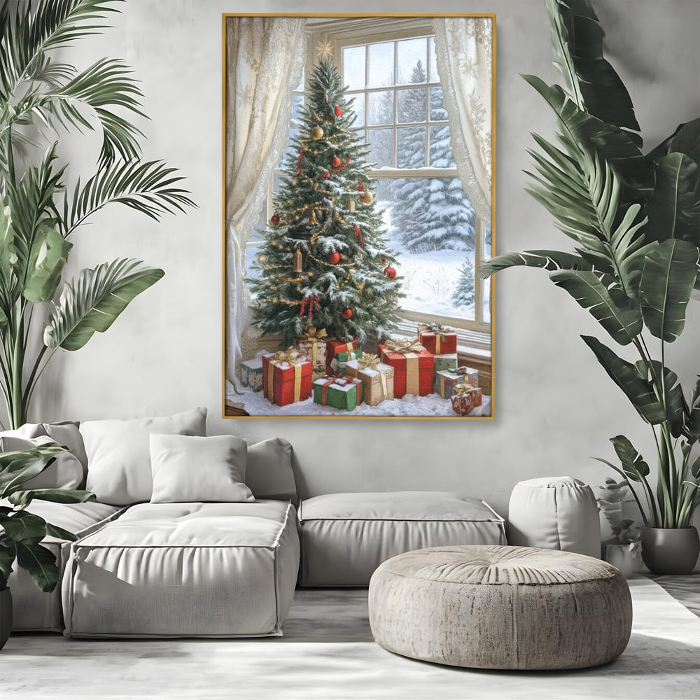 Tablou canvas cu tablou canvas cu brad de craciun si cadouri, in rama de aluminiu auriu, pe perete intr-un living