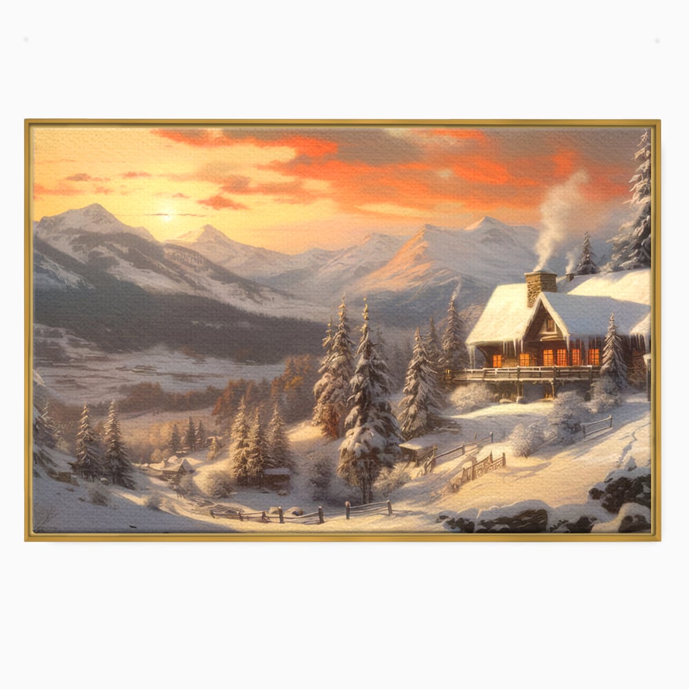 Tablou canvas cu pictura cu cabana in munti iarna, in rama de aluminiu auriu