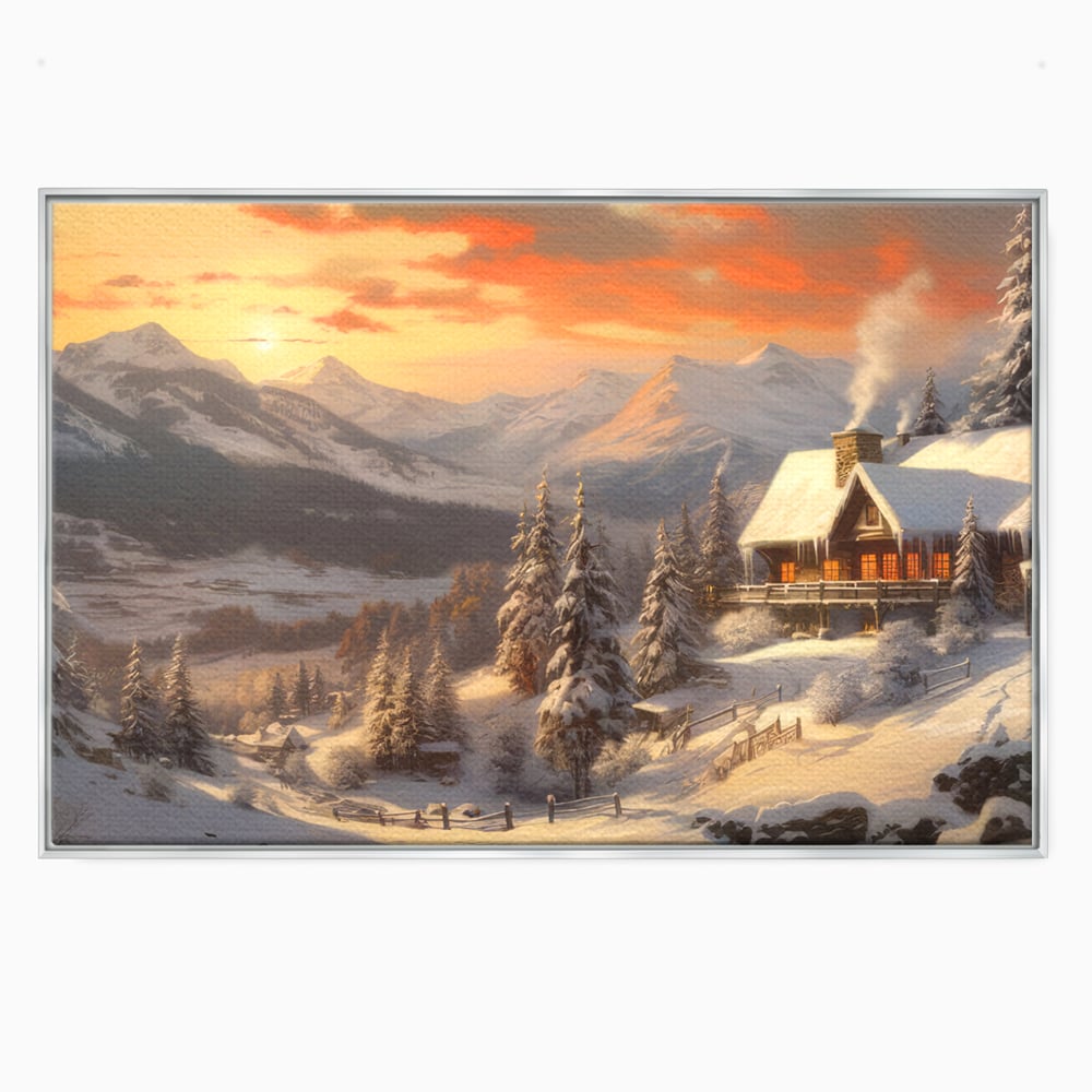 Tablou canvas cu pictura cu cabana in munti iarna, in rama de aluminiu argintiu