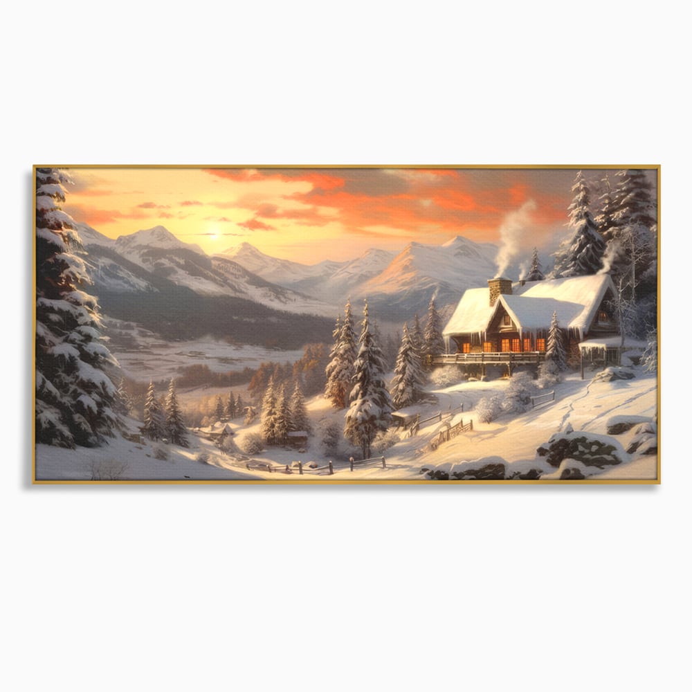 Tablou canvas cu pictura cu cabana in munti iarna, in rama de aluminiu auriu