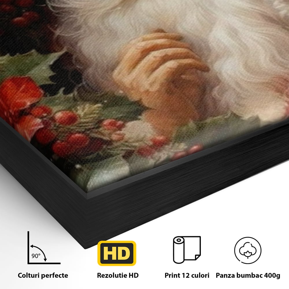 Detaliu al suprafetei: tablou canvas cu mos craciun, in rama de aluminiu negru